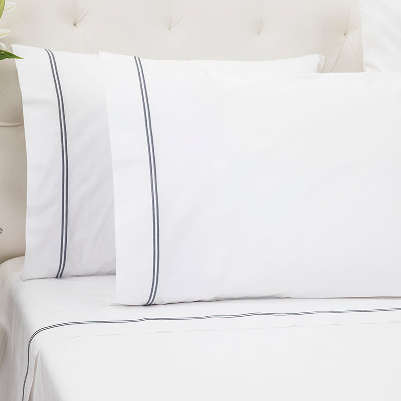 Percale Two Row Satin Cord White Pewter Grey Standard Pillowcase