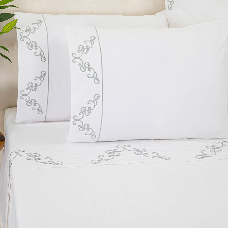 Percale Windsor White Silver Sheet Set - NetDécor