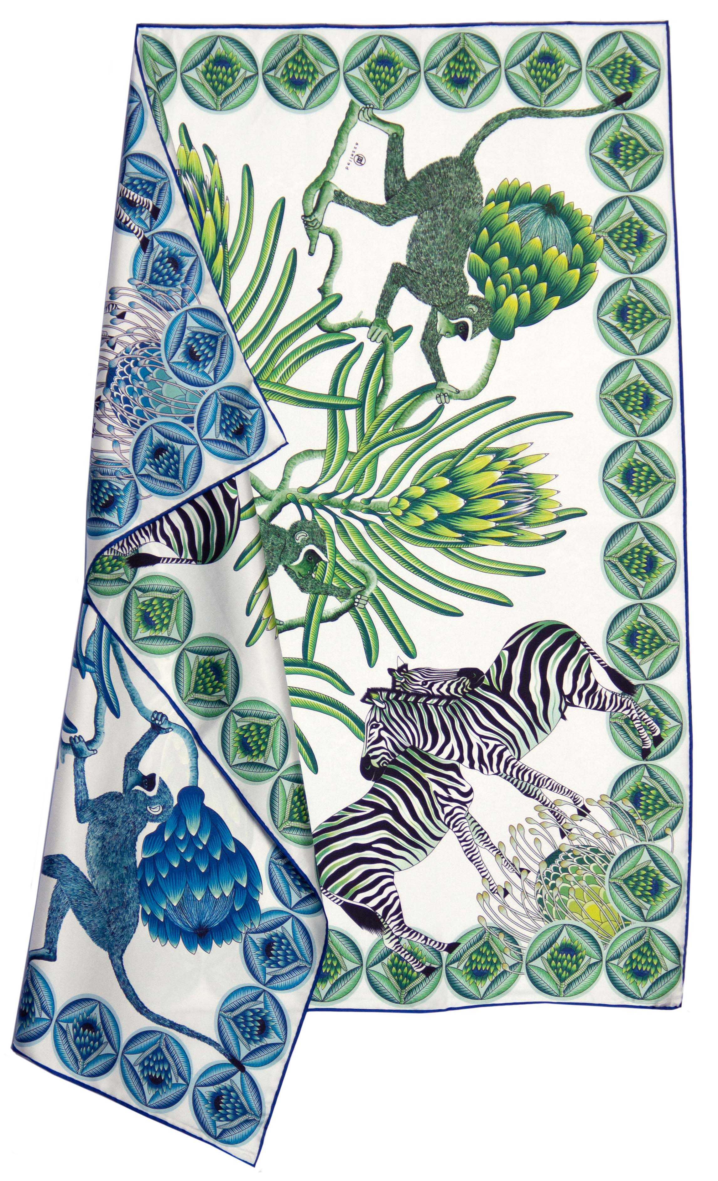 Reversible Silk Scarves - Light Blue & Green Zebra Monkey