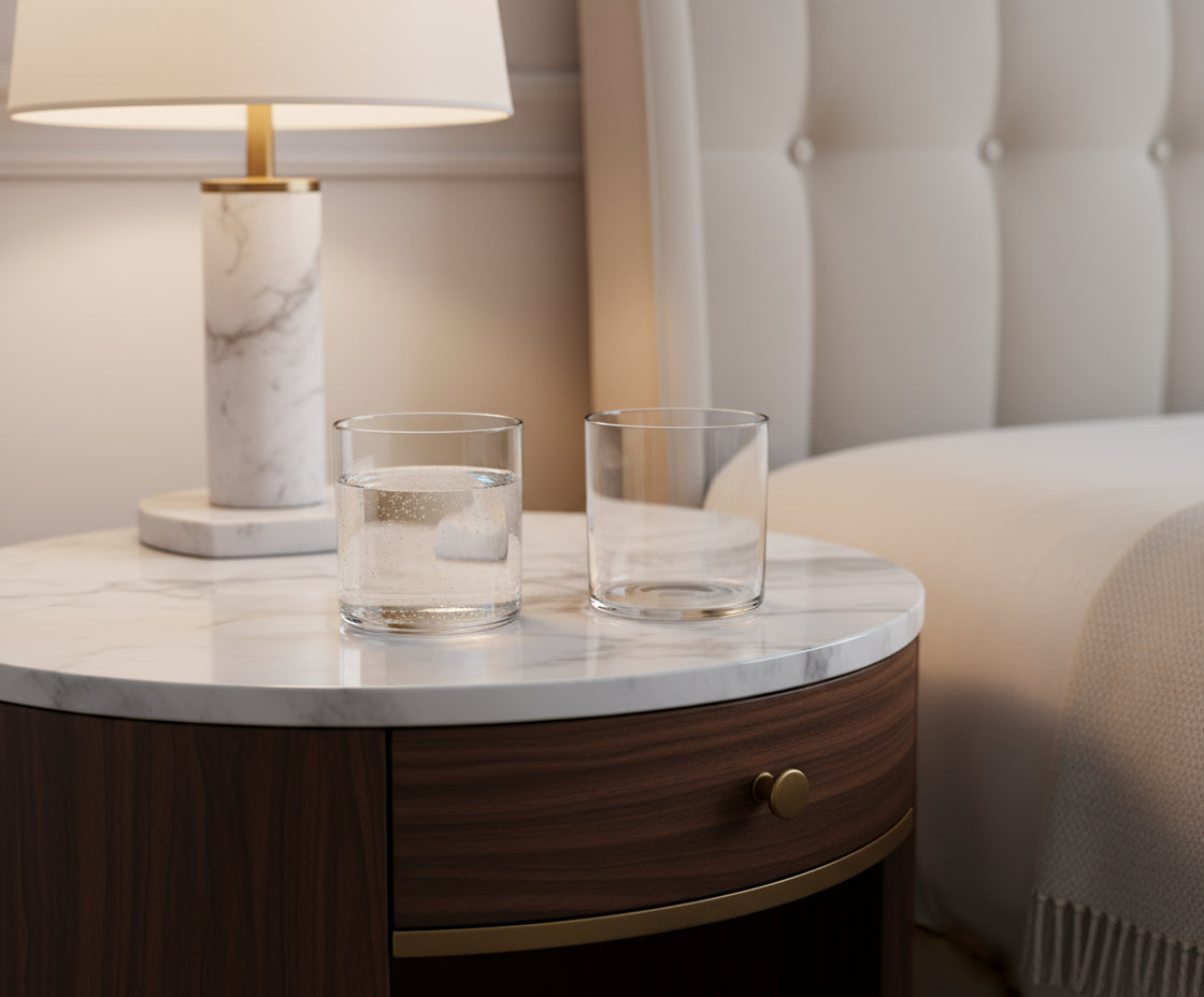 Two clear glasses filled with water on a white background