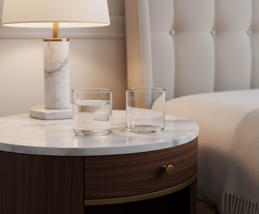 Two clear glasses filled with water on a white background