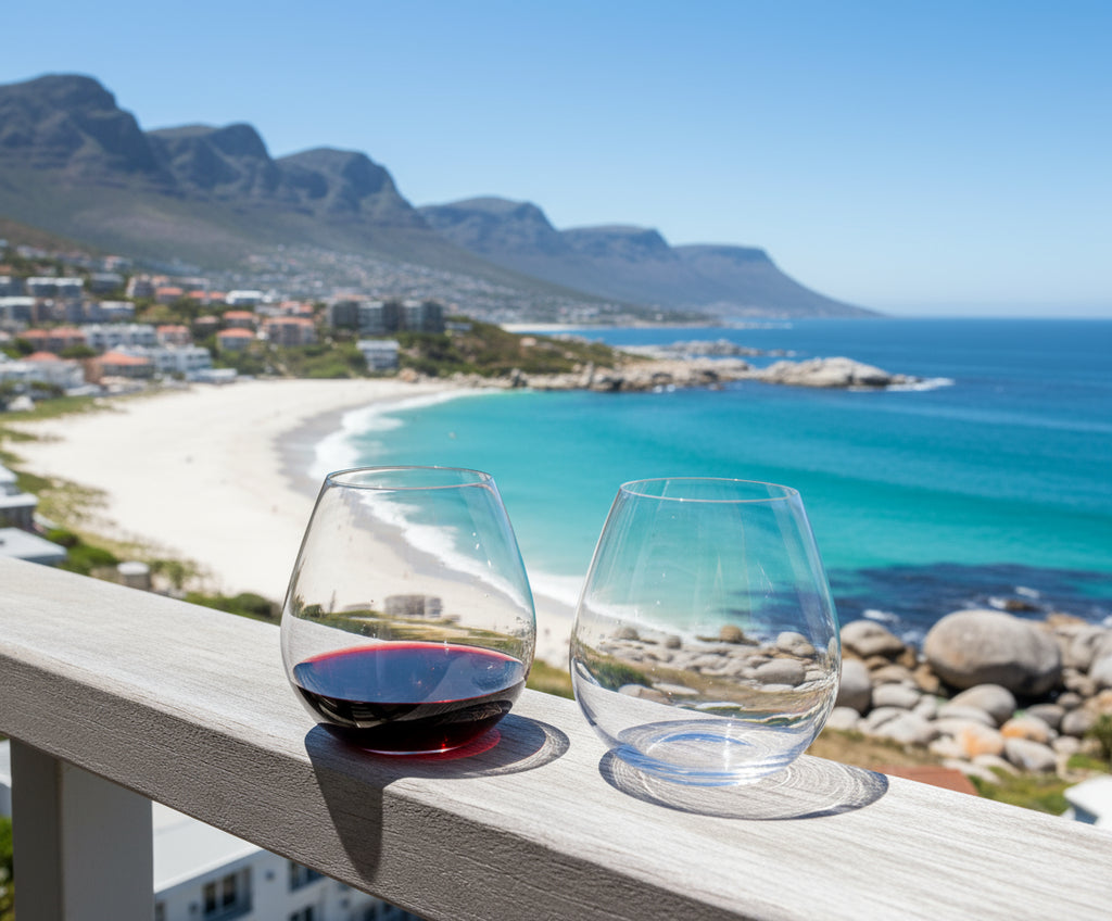 Two wine glasses, one filled with red wine, on a white background