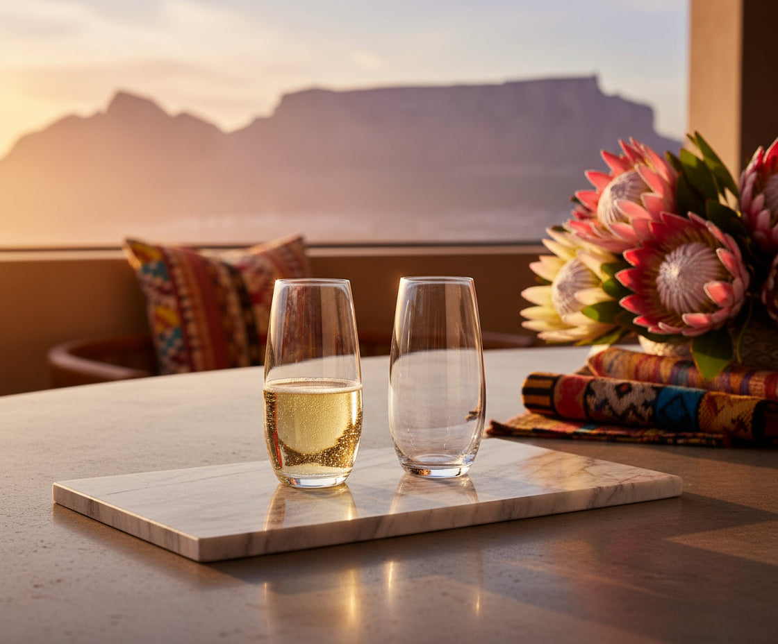 Two champagne flutes with a small amount of champagne in them on a white background