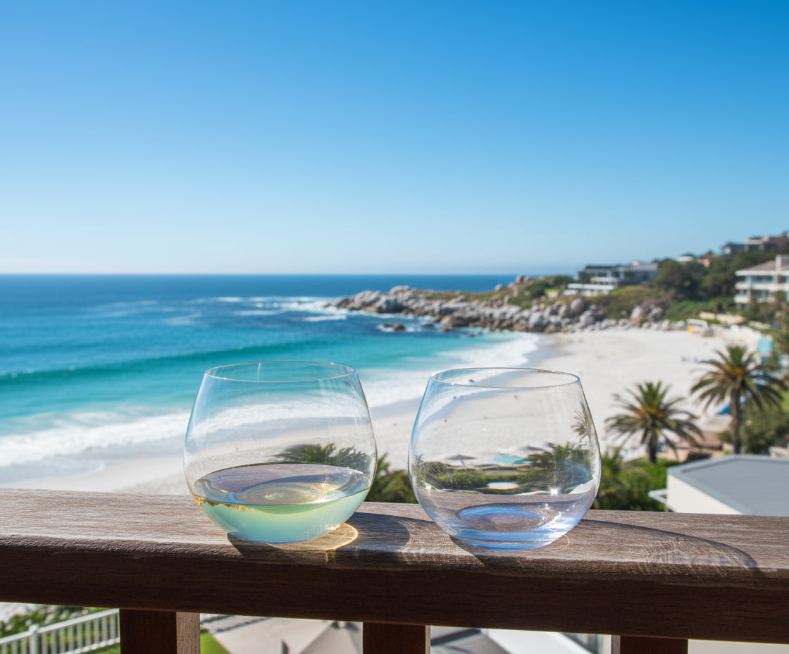 Two wine glasses, one filled with white wine, on a white background