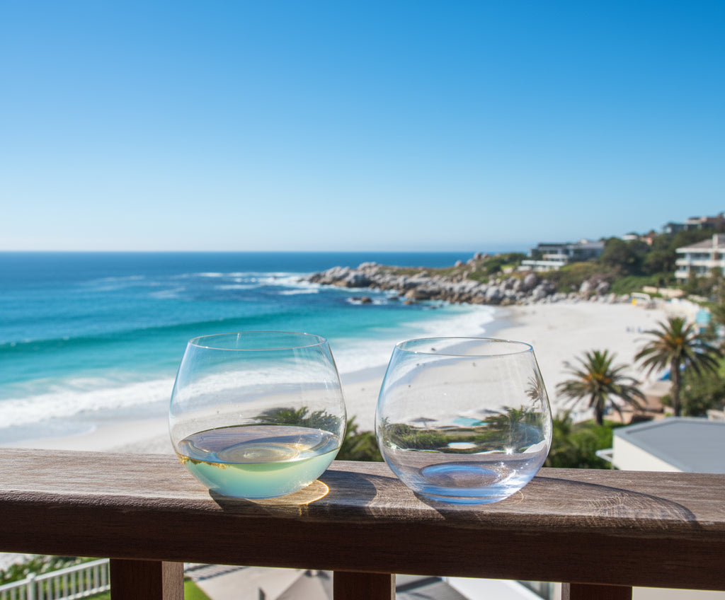 Two wine glasses, one filled with white wine, on a white background