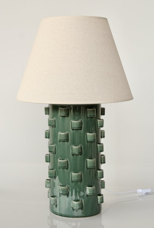 Tall Green Ceramic Curly Lamp Base Beige Shade