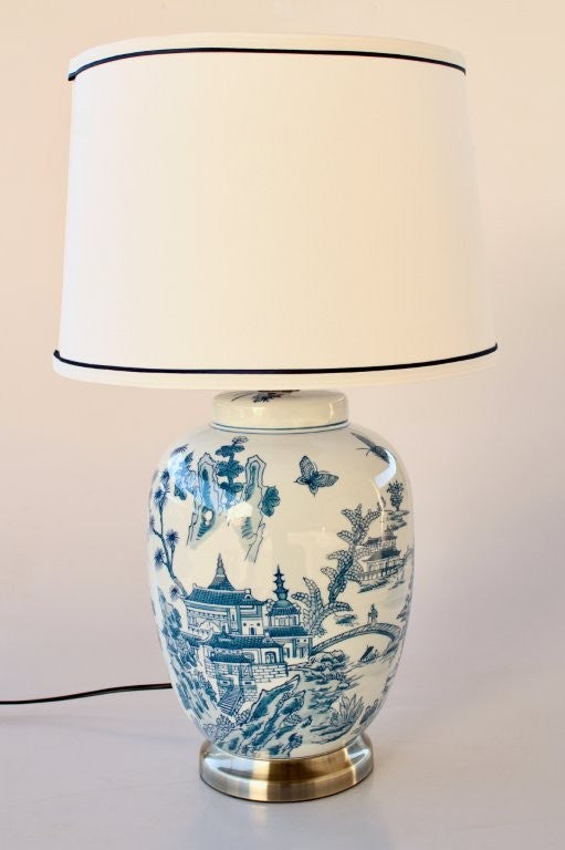 Blue & White Chinese Lamp Base With Blue Trim Shade