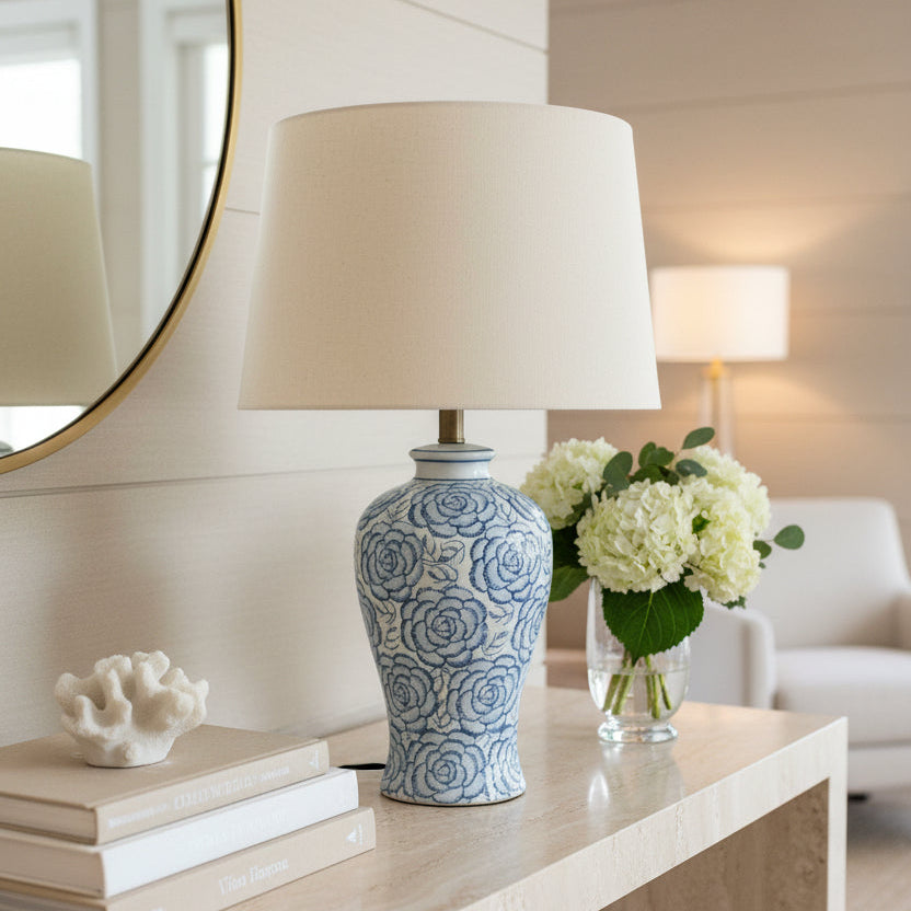 BLUE FLORAL CERAMIC LAMP BASE WITH BEIGE SHADE