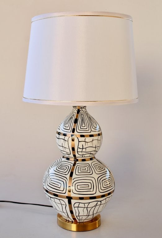 White, Black & Gold Squiggle Lamp With Gold Trim Shade