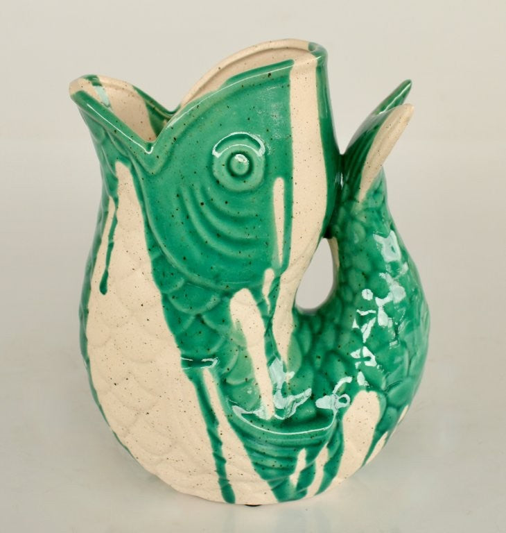 LARGE GREEN FISH CERAMIC VASE