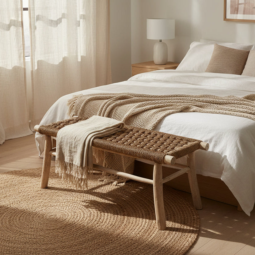 A rustic woven rope bench with a light natural wood frame, shown on a plain white background.