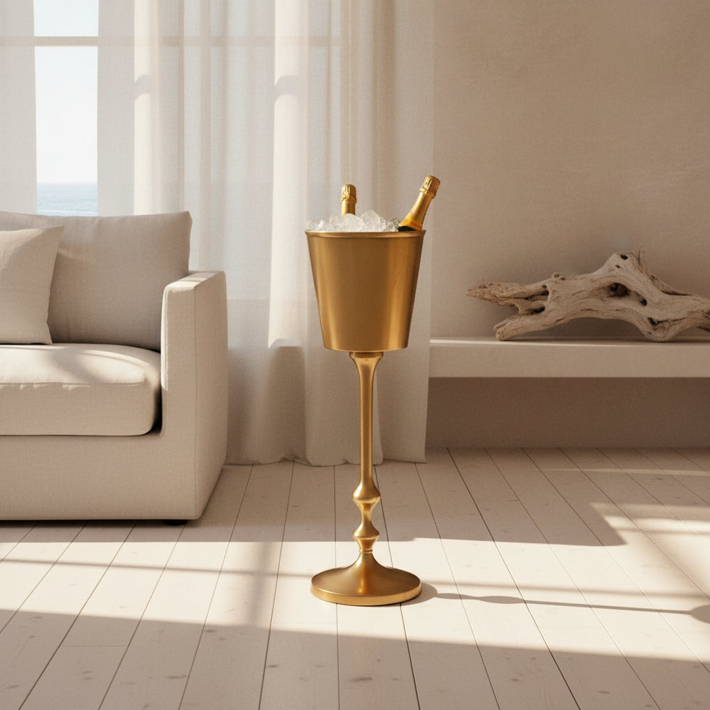 A gold champagne bucket with a long stem and round base, filled with ice and two gold-finished champagne bottles, isolated on a white background.