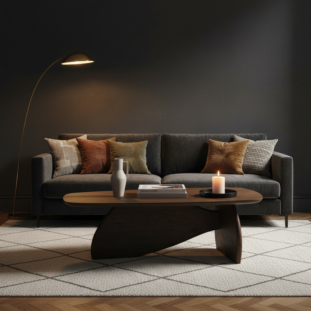 Wooden coffee table with a curved design on a white background
