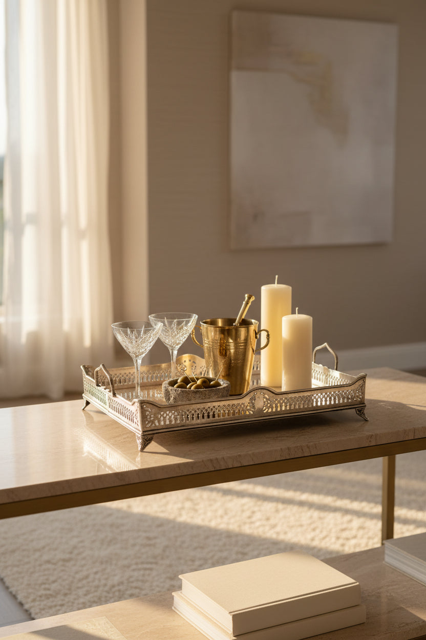 An ornate silver metal serving tray with decorative borders, raised handles, and small feet, photographed on a seamless white background.