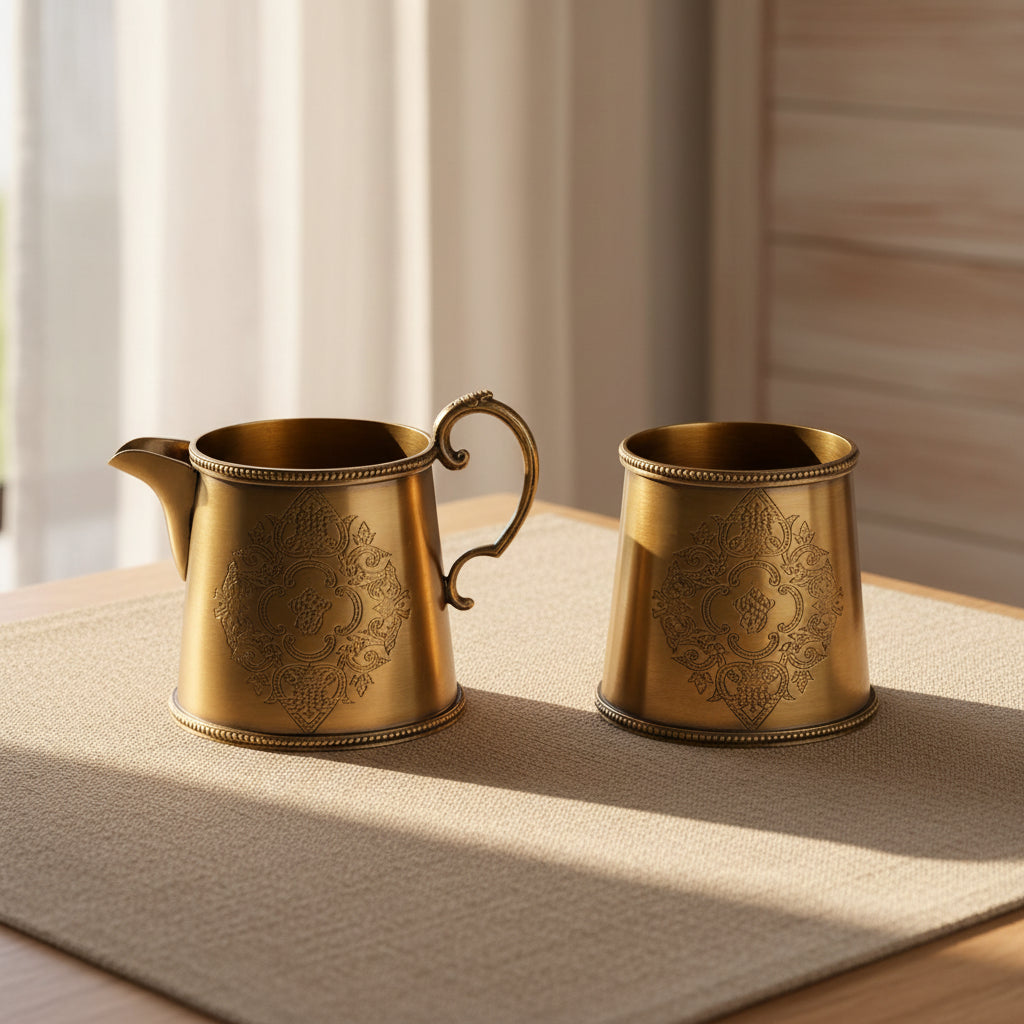 A gold-toned metal tea or coffee set consisting of a small pitcher with a decorative handle and a matching cup, both featuring an engraved floral medallion pattern on the front, set against a plain white background.
