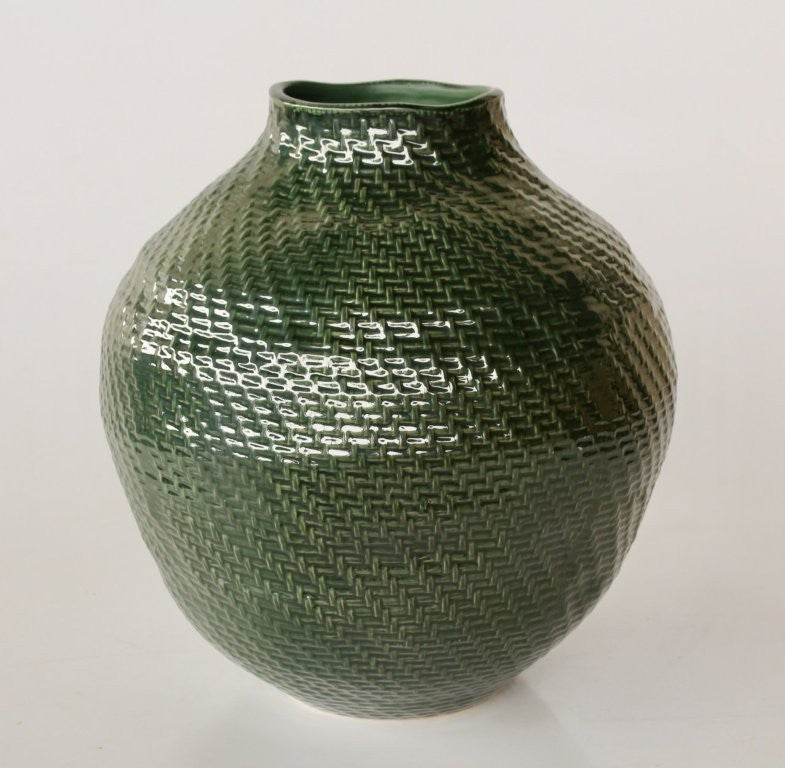 Extra Large Green Basket Weave Ceramic Vase