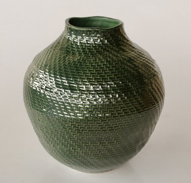 Extra Large Green Basket Weave Ceramic Vase