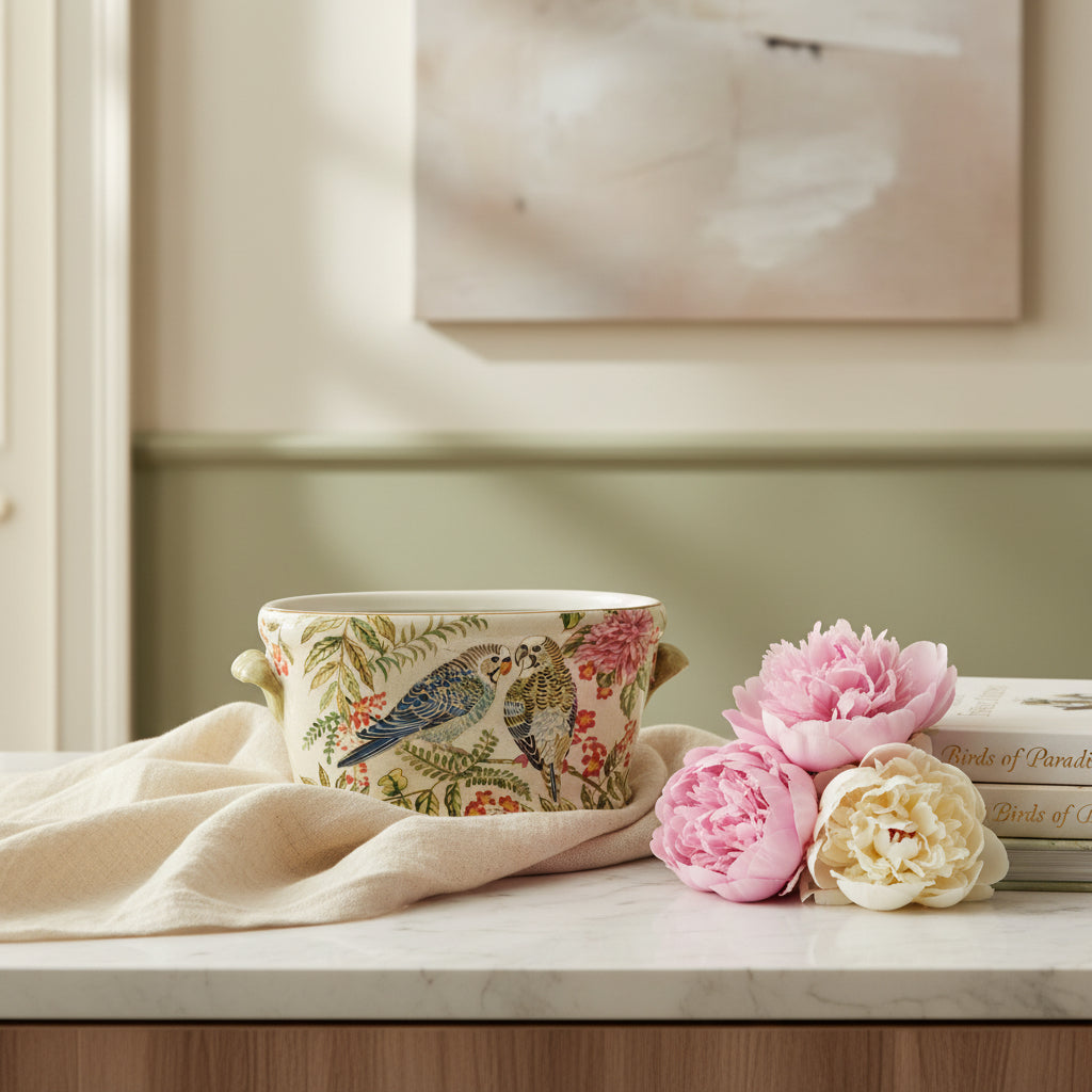 Ceramic planter with bird and floral design on a white background