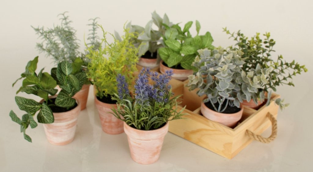 SET OF 8 FAUX HERBS POTS IN WOODEN TRAY WITH HANDLE