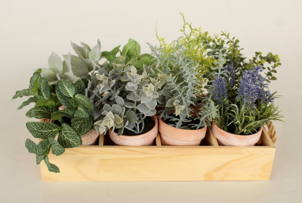 SET OF 8 FAUX HERBS POTS IN WOODEN TRAY WITH HANDLE