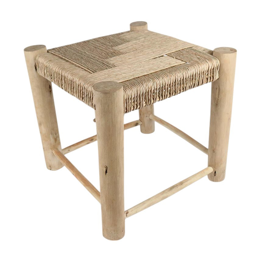 A rustic wooden stool with a woven natural fiber seat, shown on a plain white background.