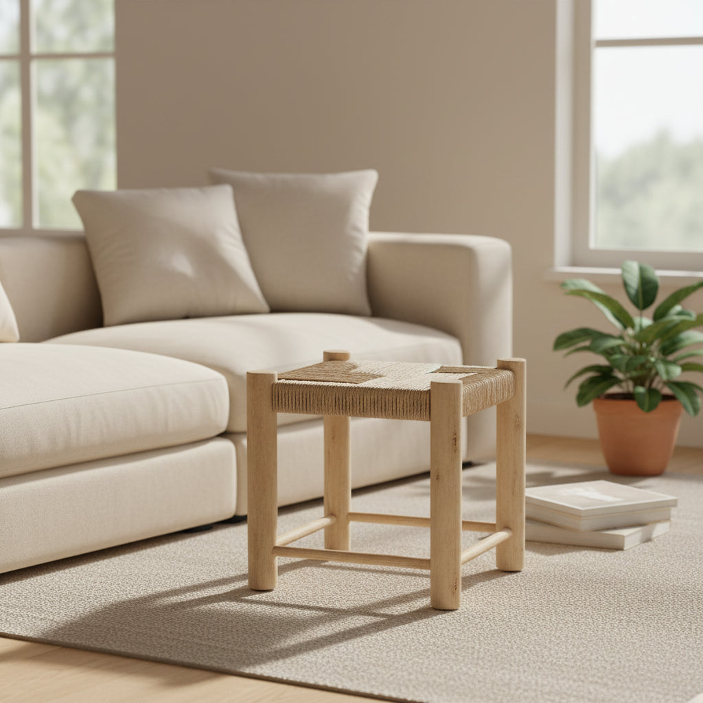 A rustic wooden stool with a woven natural fiber seat, shown on a plain white background.