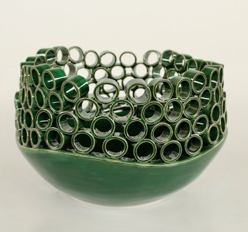 DARK GREEN HOLEY CERAMIC BOWL