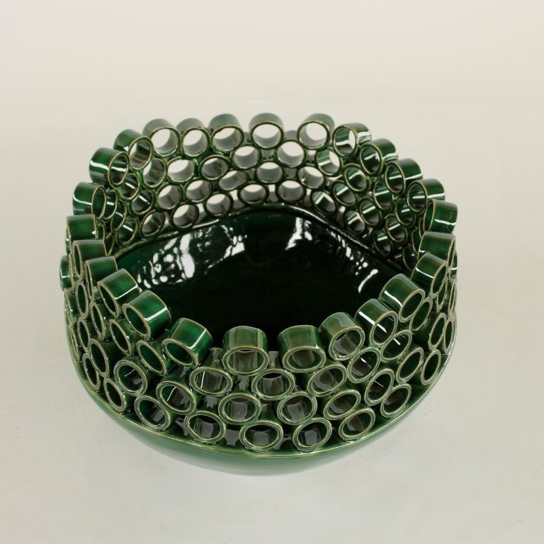 DARK GREEN HOLEY CERAMIC BOWL