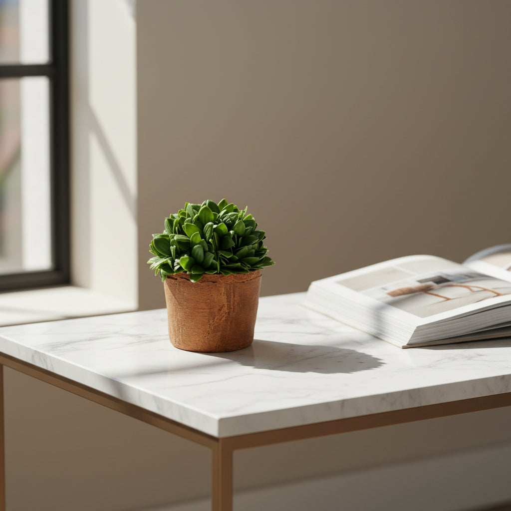 Green potted plant in a brown pot on a light background