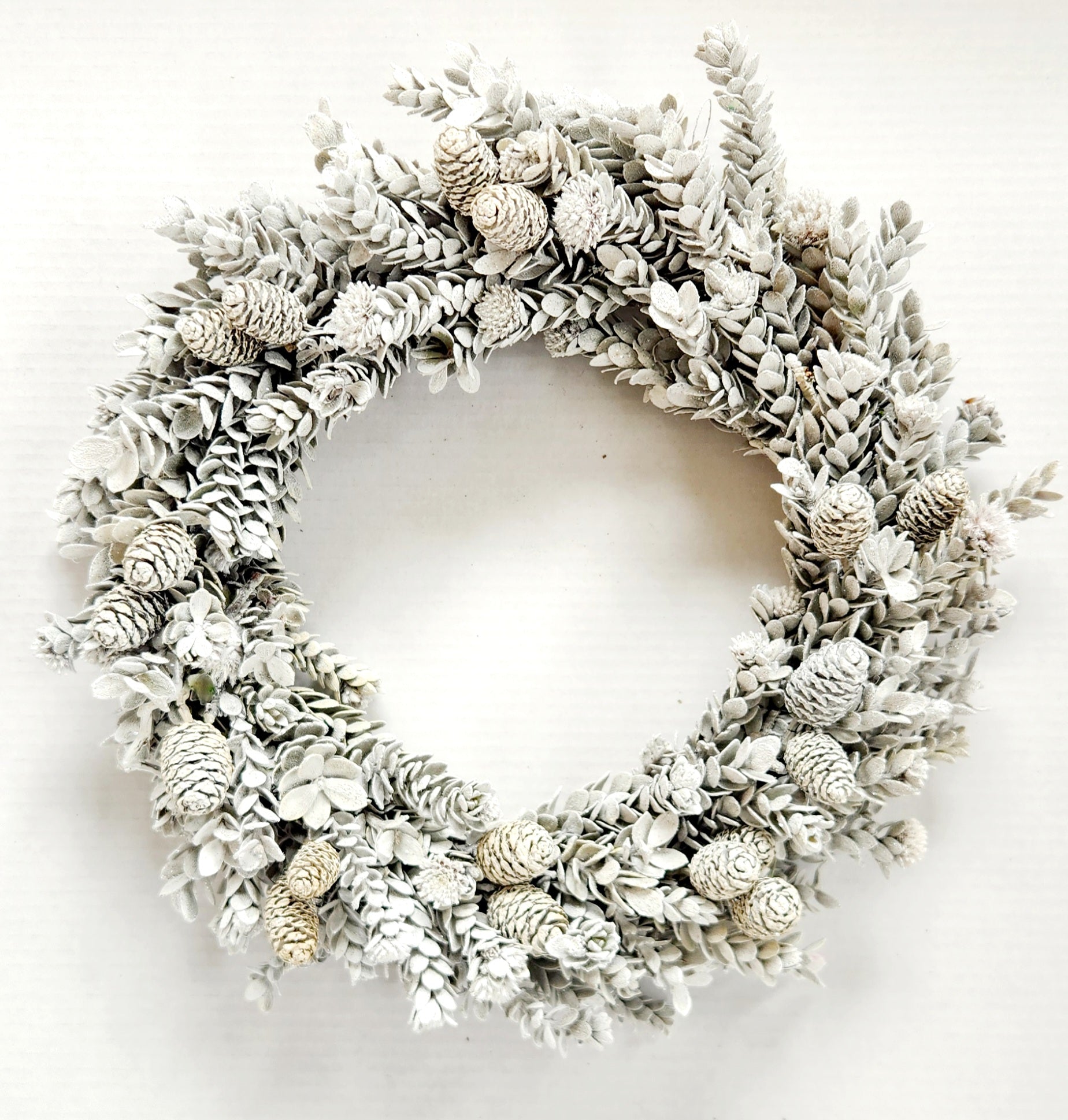 Buxifolia & Cone Mix White Candle Wreath in a Box
