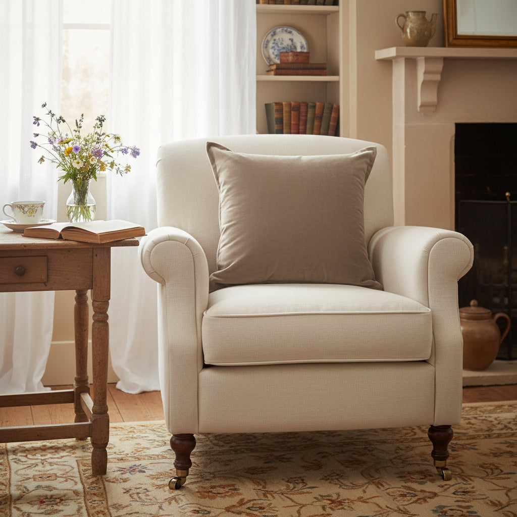 A square throw pillow in a textured taupe-brown velvet fabric, shown against a plain white background.