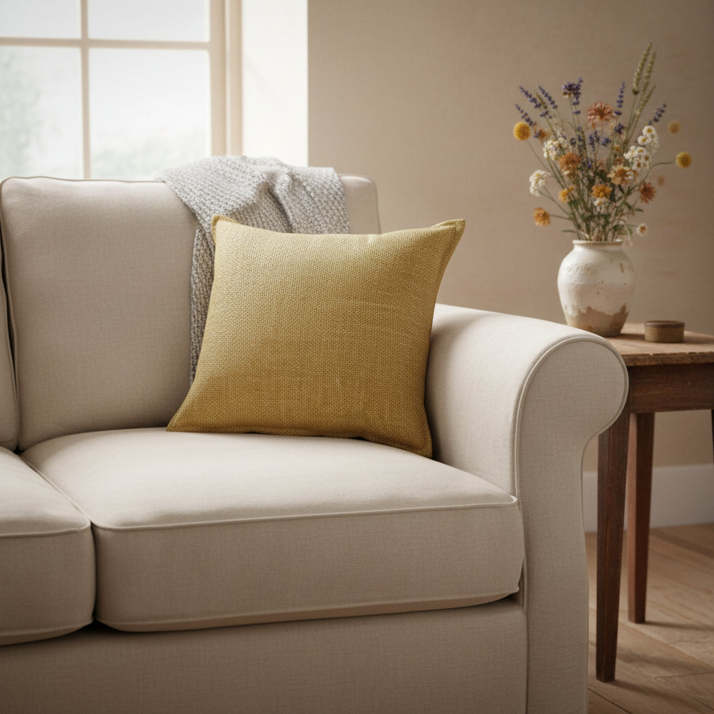 A square decorative throw pillow in a textured mustard yellow fabric, shown against a plain white background.