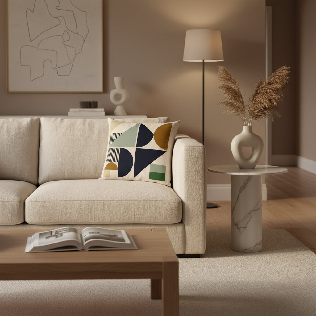 Decorative pillow with geometric shapes on a white background