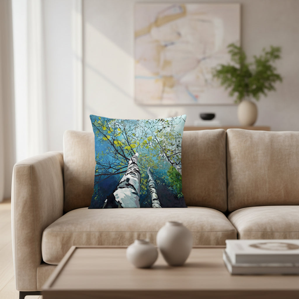 Decorative pillow with a painting of birch trees against a blue sky.