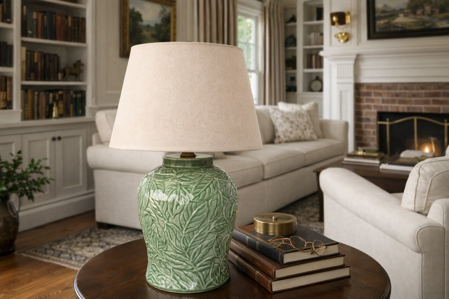 Green Leaf Ceramic Lamp Base Beige Shade