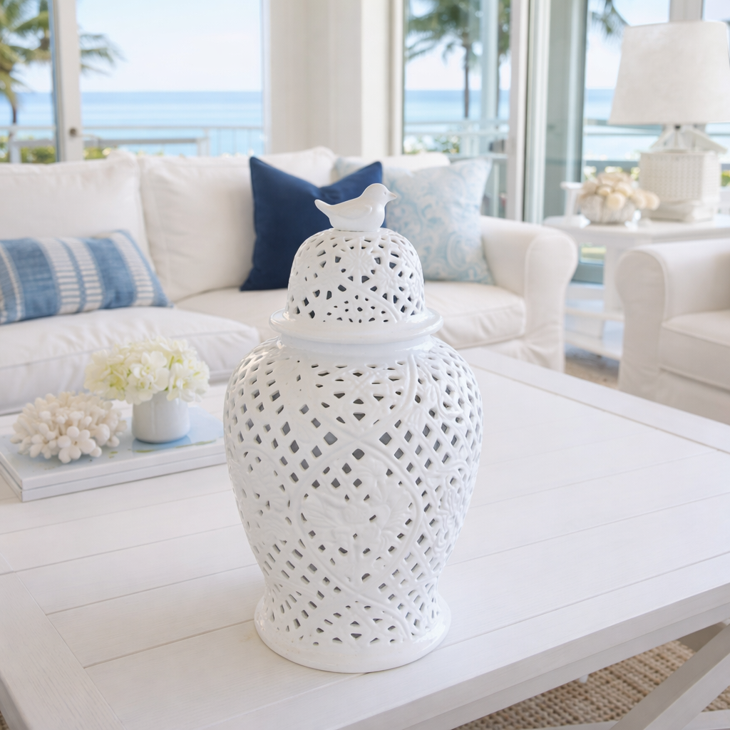 WHITE CUT-OUT GINGER JAR BIRD LID