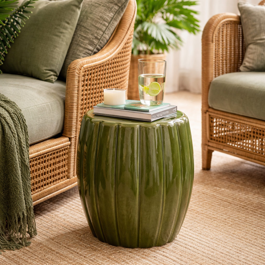 DARK GREEN SHAPED CERAMIC GARDEN STOOL