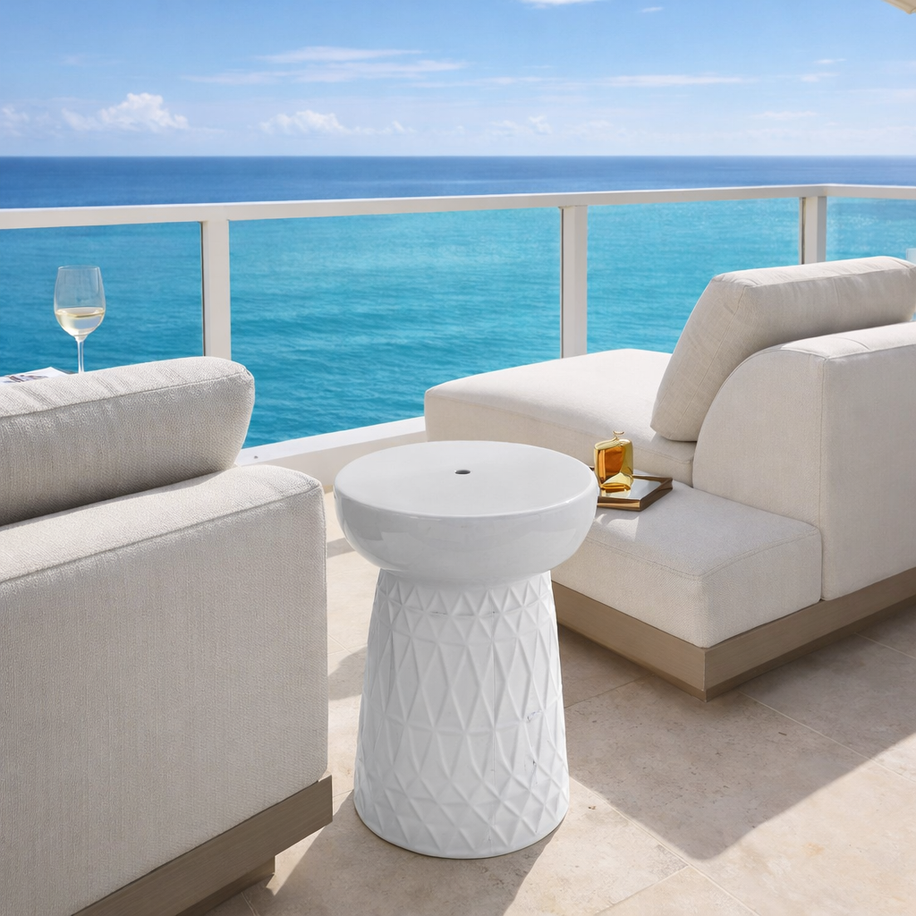 WHITE CERAMIC GARDEN STOOL HARLEQUIN PATTERN