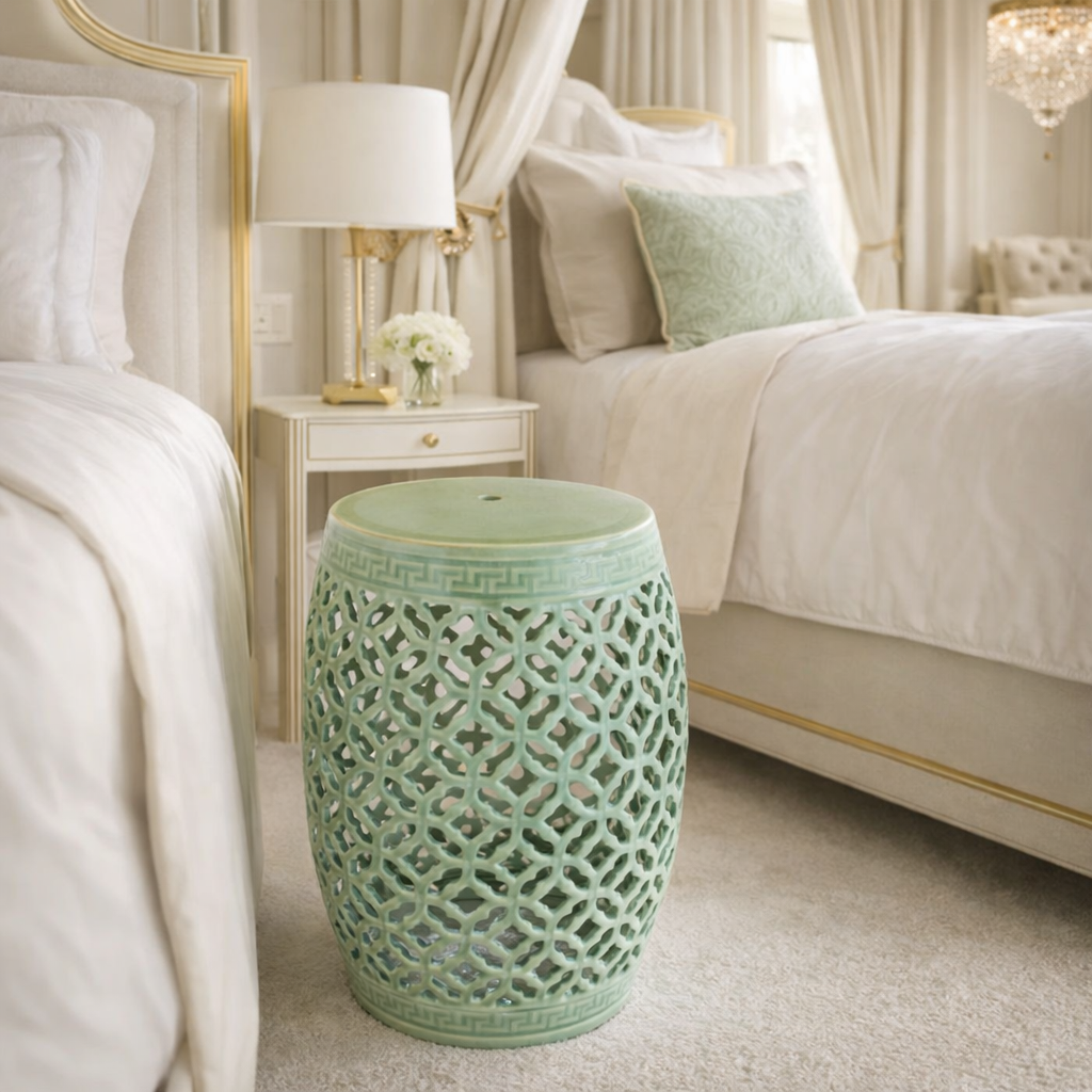 PALE GREEN CUT-OUT CERAMIC GARDEN STOOL