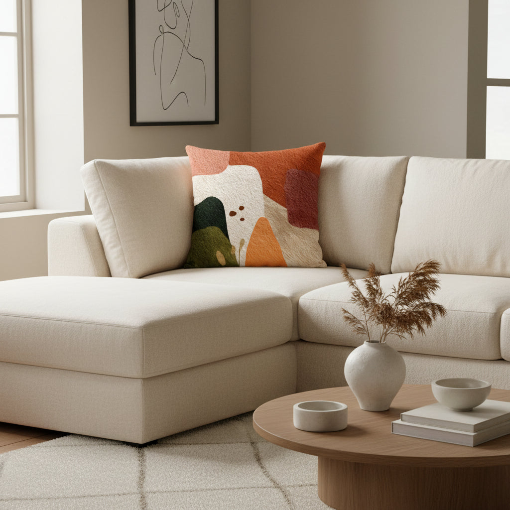 Decorative pillow with abstract pattern in earthy tones on a white background