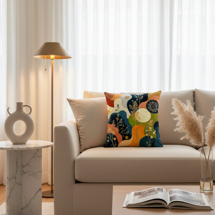 Decorative pillow with abstract landscape design on a white background