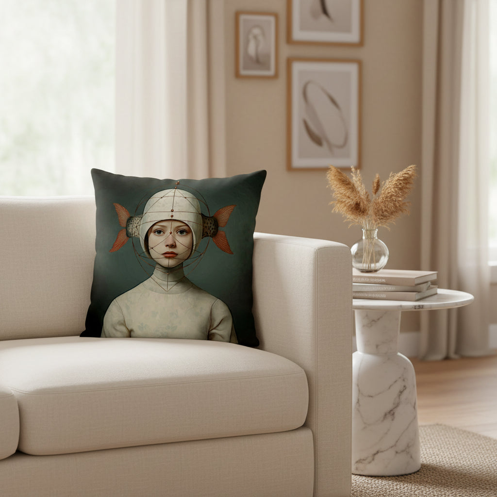 Decorative pillow with a surreal design featuring a person with fish on either side of their head against a dark background.