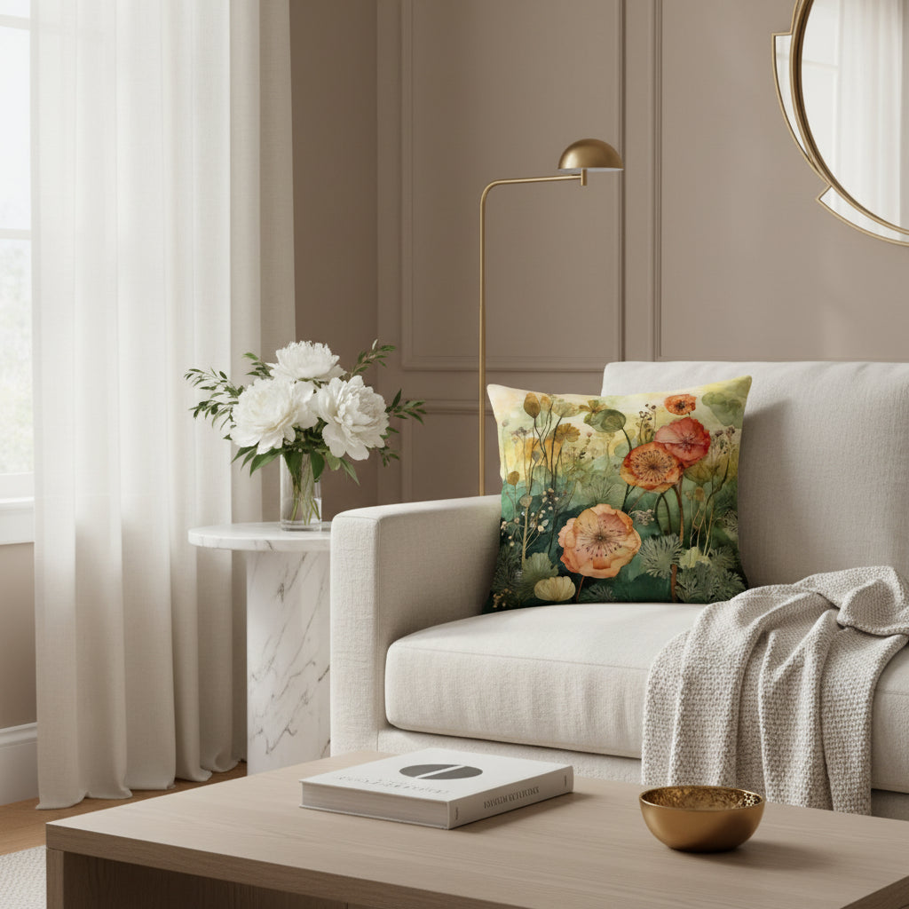 Decorative pillow with floral design on a white background