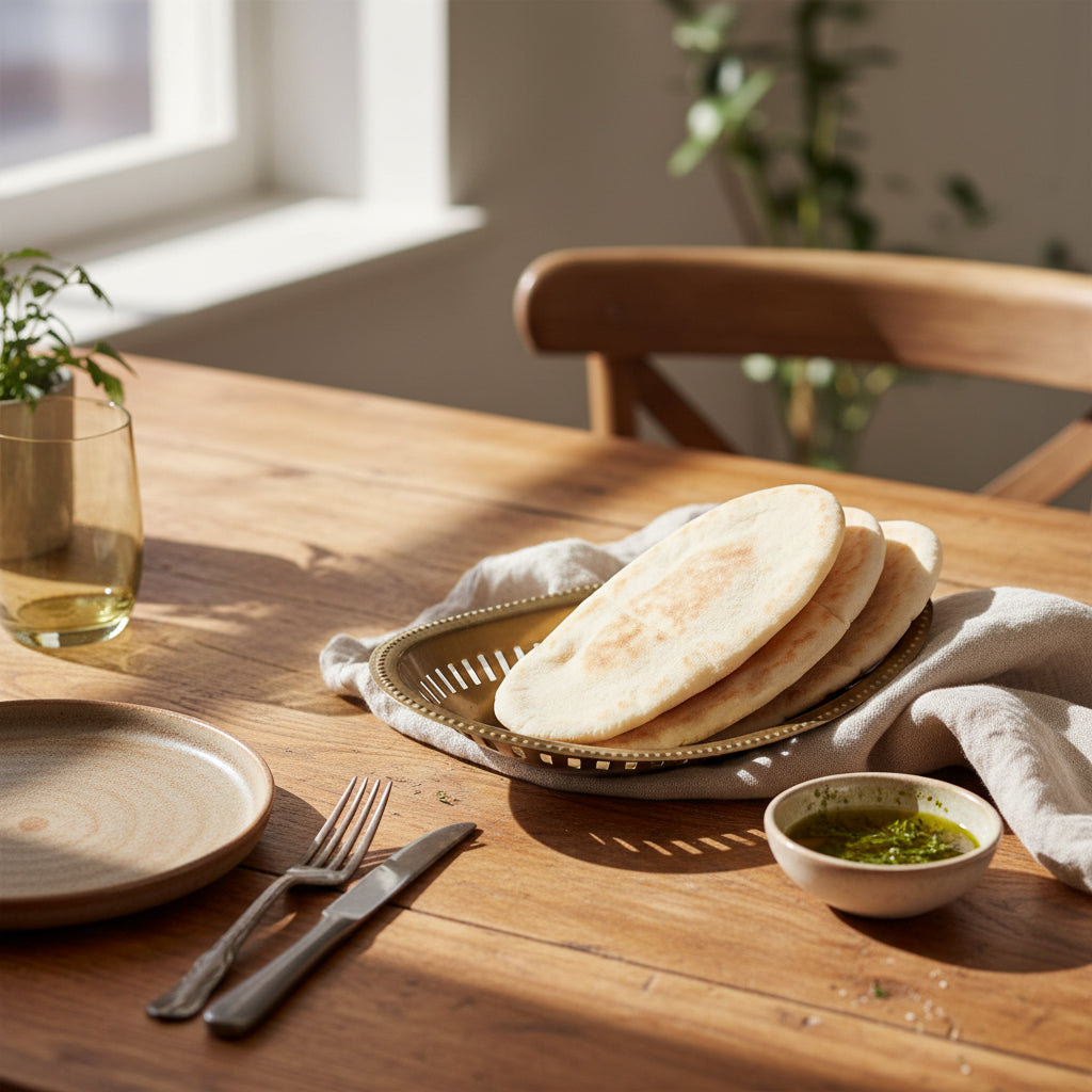Three round flatbreads stacked on a small oval gold-colored plate, set against a plain white background.