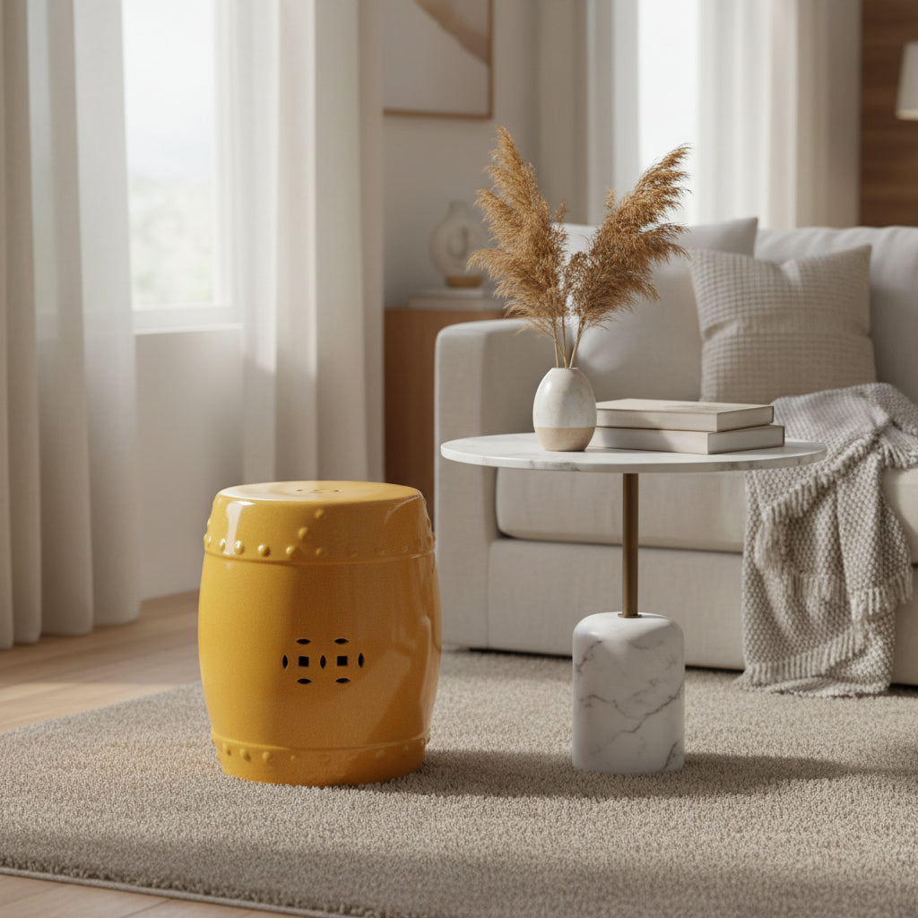 Yellow ceramic stool with textured surface on a white background
