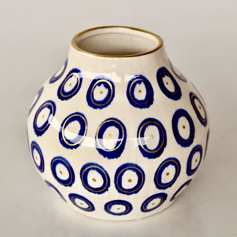Medium Blue Circle Ceramic Vase Gold Trim