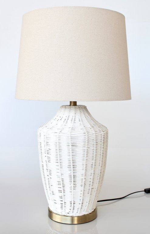 WHITE CANE LAMP BASE BEIGE SHADE