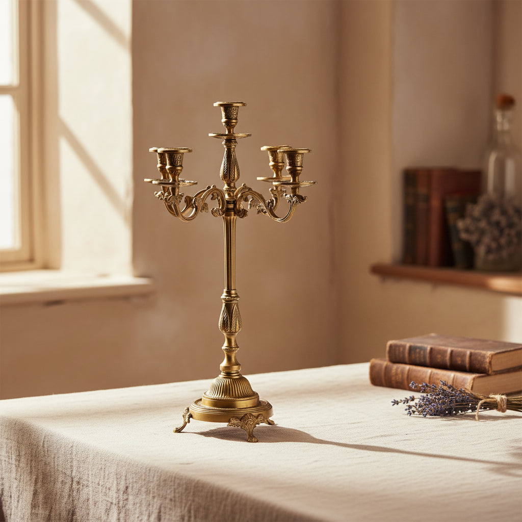 An ornate brass three-light candelabra with a polished gold finish, featuring decorative scrollwork and a fluted pedestal base, isolated on a white background.