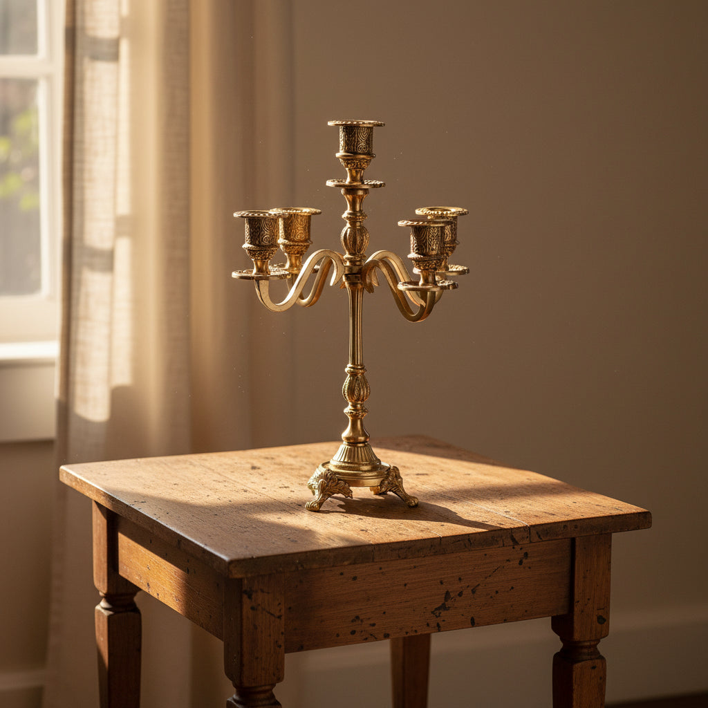 An ornate five-arm brass candelabra with detailed engravings and a decorative pedestal base, shown against a plain white background.