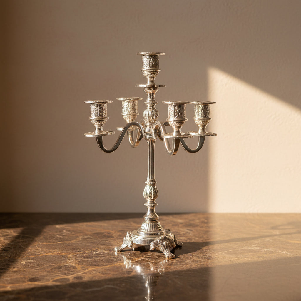 An ornate silver candelabra with five candle holders, featuring decorative scrollwork and a detailed pedestal base, shown against a plain white background.